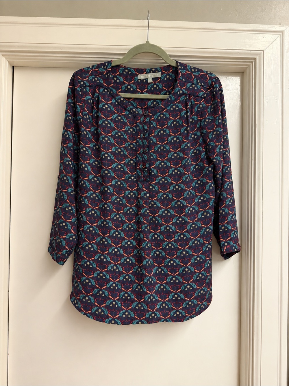 Daniel Rainn Navy Multicolor Patterned Pullover Blouse